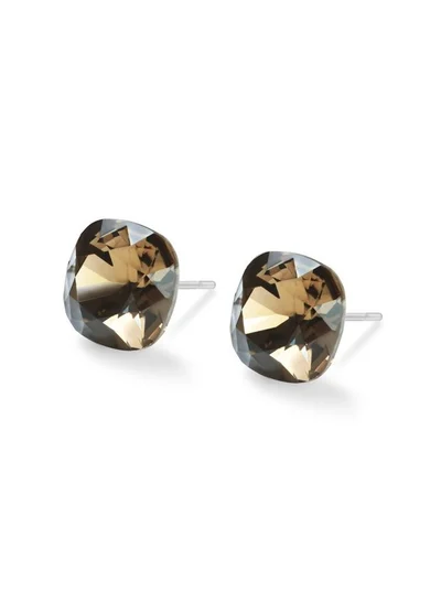 Seona Seona Sophia 10mm Cushion Cut Crystal Earrings – Hypoallergenic Stud Earrings for Women, Tarnish‑Free Stainless Steel Jewelry for Sensitive Ears - Smoky Quartz